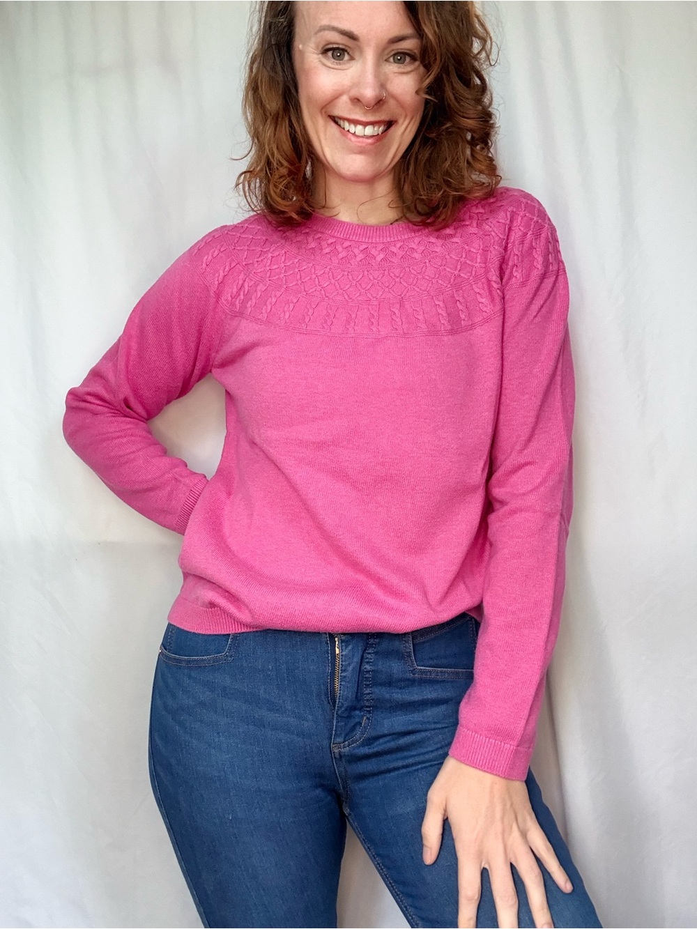 Talbots Bright Pink Crewneck Sweater with Textured Yoke